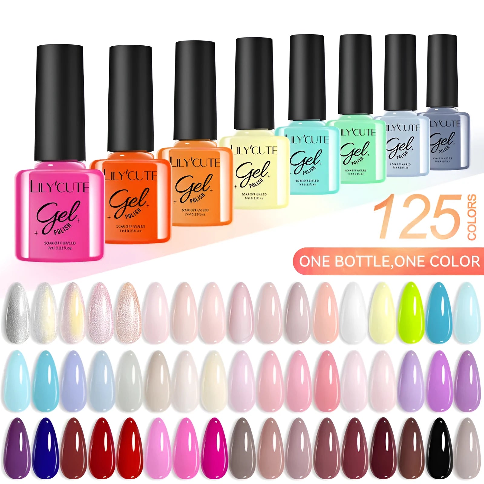 UV gel nail polish set with multiple colour bottles including nude and glitter options for nail art