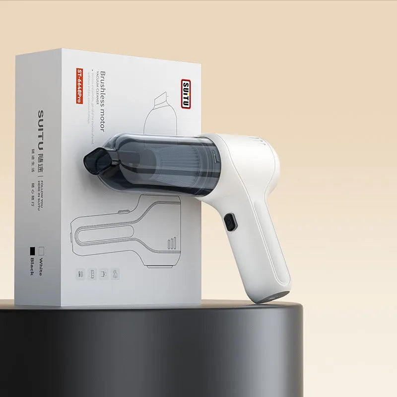 Black wireless wet and dry car vacuum cleaner with multiple nozzle attachments on a white background.