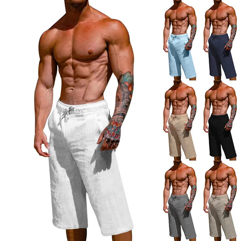 Men's loose linen blend cropped trousers in khaki, front view, casual fit mid waist