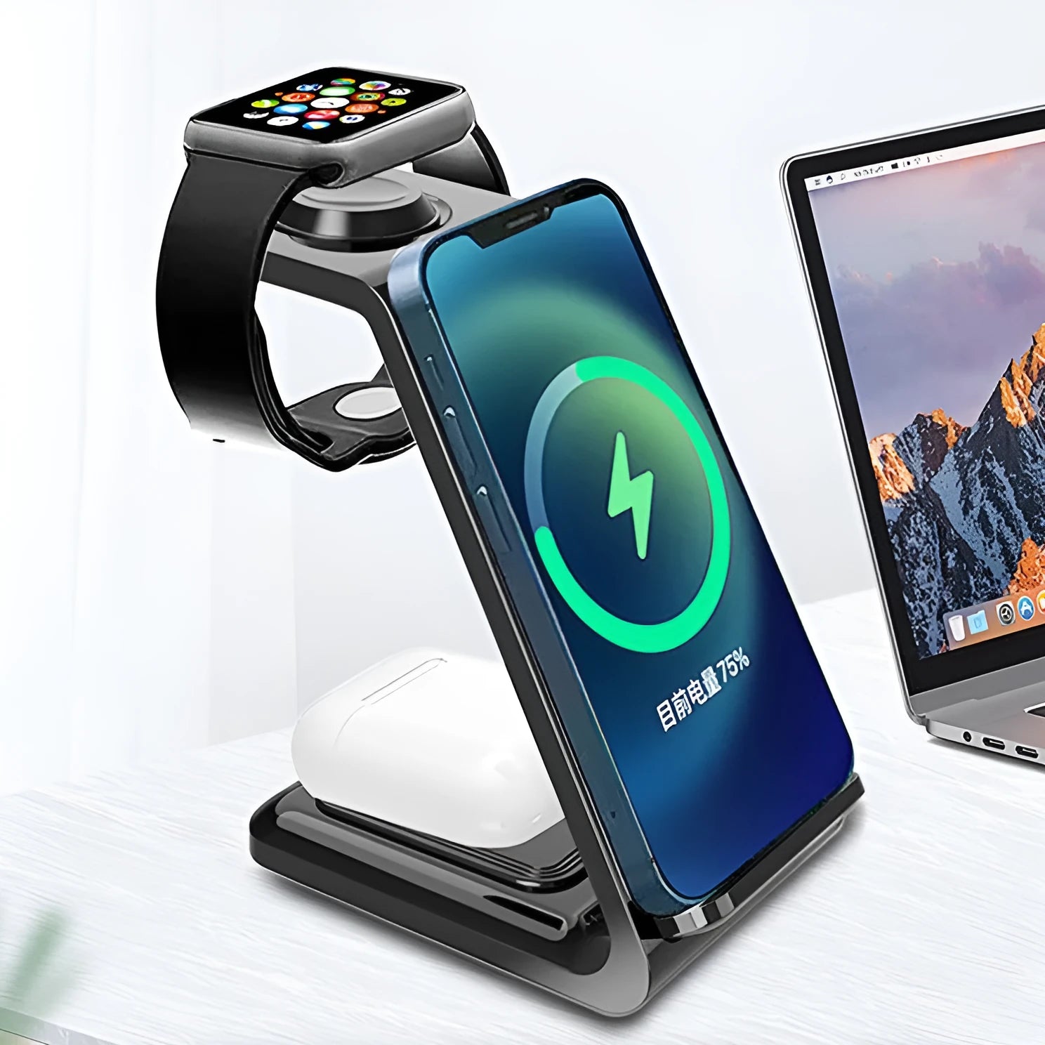 Black and white 3-in-1 upright wireless charger and phone holder on a desk with Type-C cable.