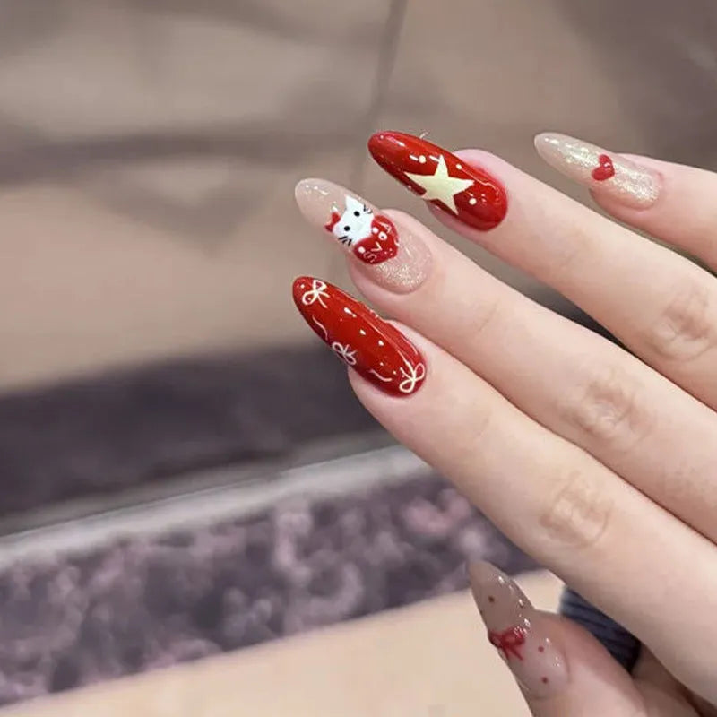 Sweet Girl Wearing Fake Nails set showing medium length coffin-shaped press-on nails with random colour designs.