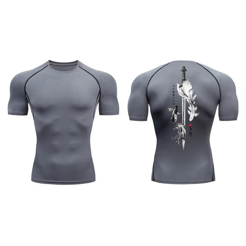 Men's short sleeve compression shirt with sword print pattern in loose pullover style