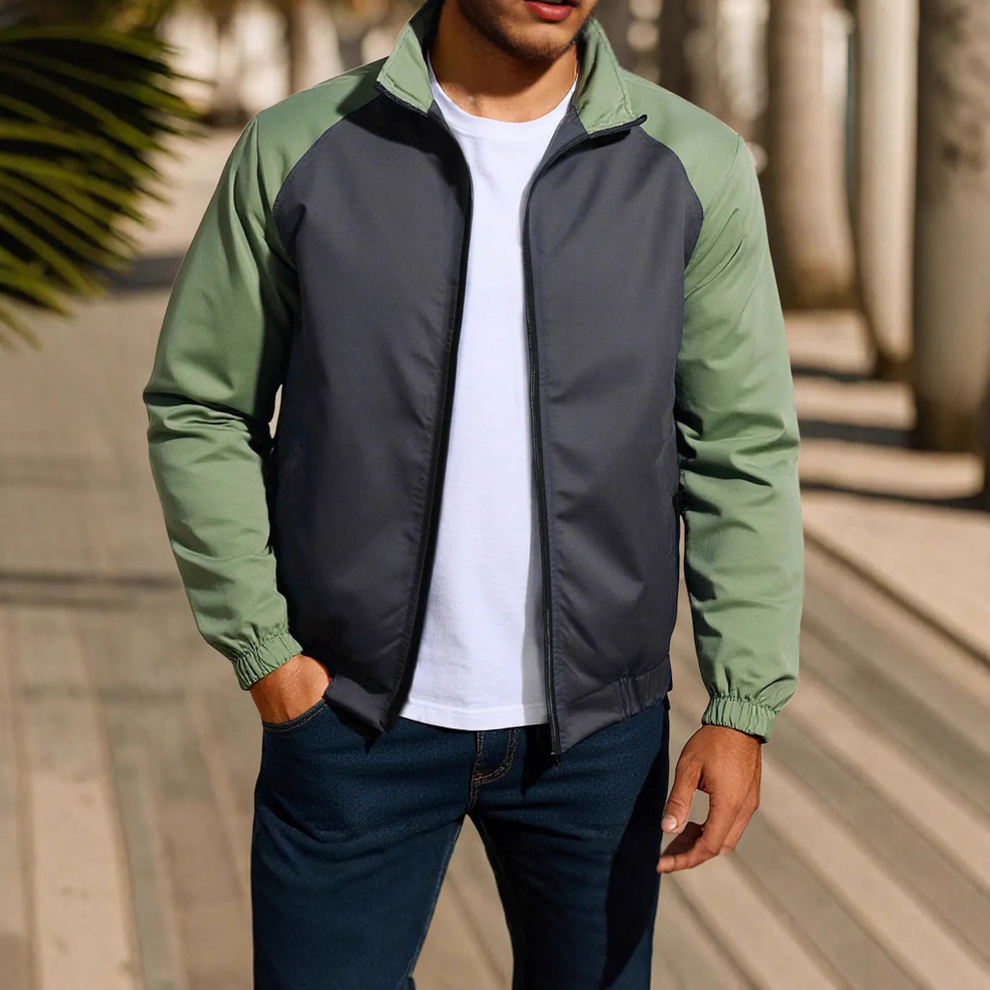 Men's loose-fitting casual coat with a stand collar and contrast trim, shown in green.