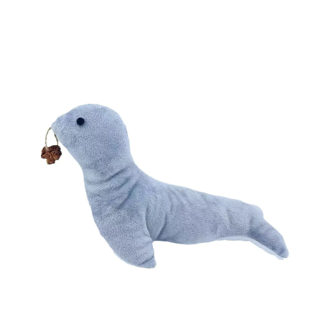 Blue sea lion plush cat toy with bell sound and catnip for teeth grinding and interactive play