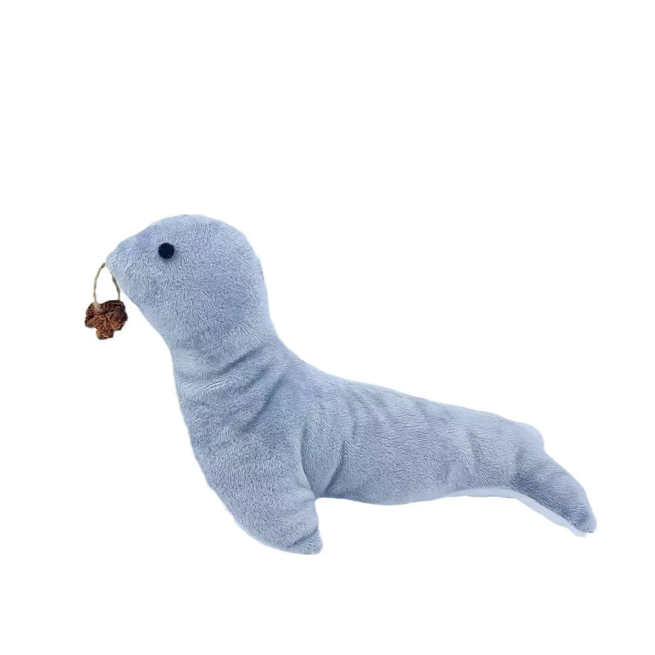 Blue sea lion plush cat toy with bell sound and catnip for teeth grinding and interactive play