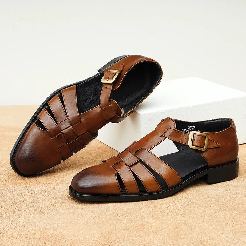 Men's genuine leather retro business sandals in black or brown with rubber sole
