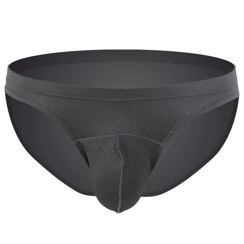 Men's transparent light grey nylon mesh underwear laid flat, showing loose-fit brief style and open-weave fabric texture.