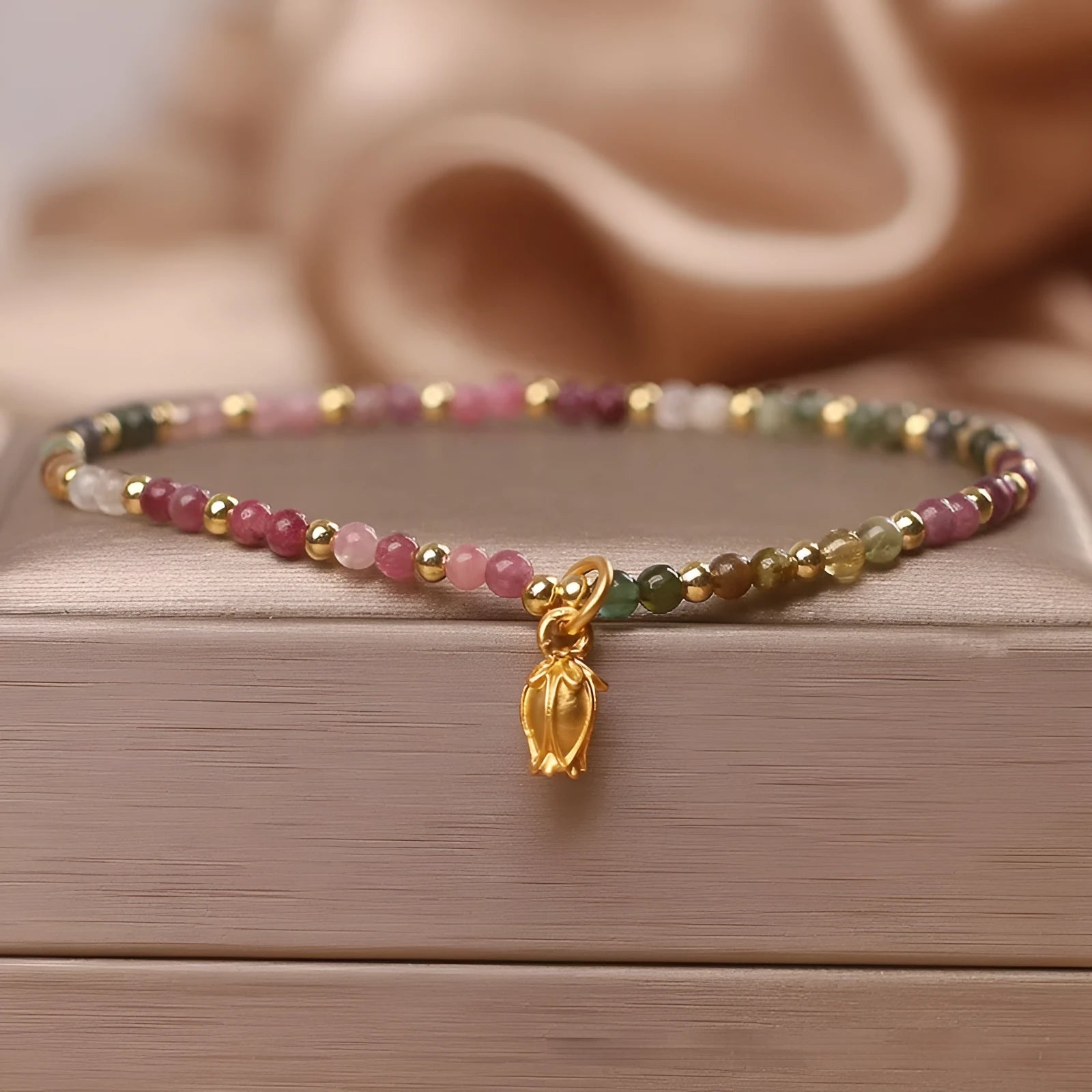 Natural tourmaline beaded anklet with flower design, adjustable chain with secure clasp