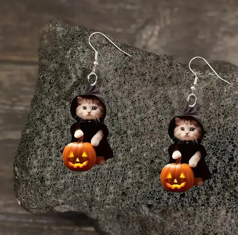 Handmade acrylic cat pumpkin earrings in Christmas style for women