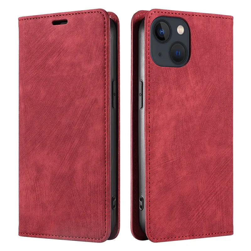 Magnetic flip phone case in synthetic leather showing closed front cover and open view revealing card slot for iPhone.
