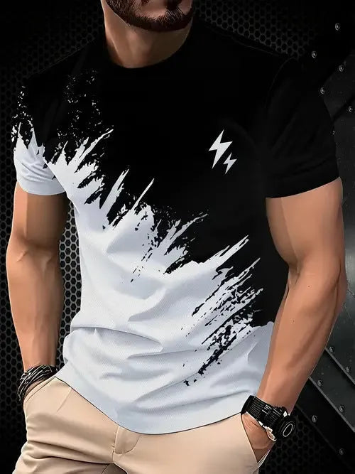 Men's loose fit short sleeve T-shirt in polyester fabric showing colour options including black, dark red, grey and white