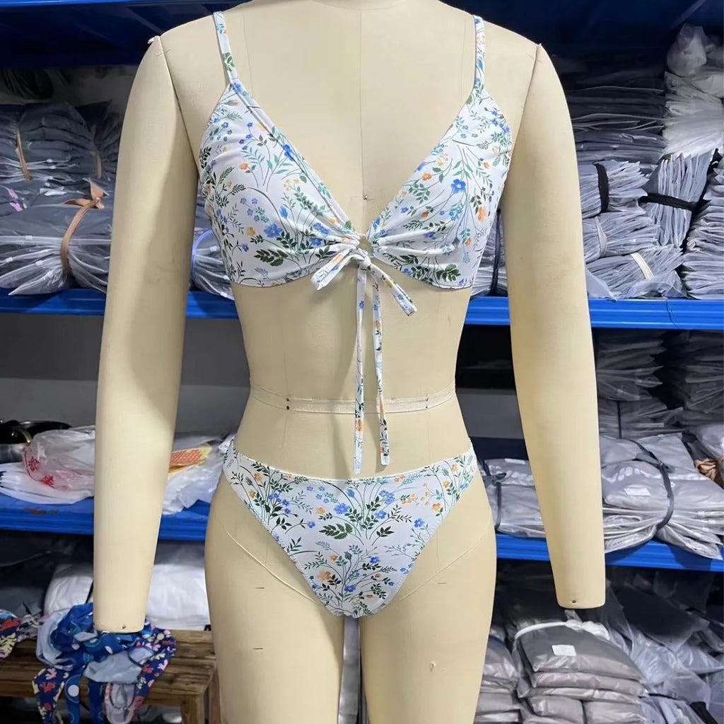 Women's floral banded bikini swimsuit with breathable polyester fabric in briefs style