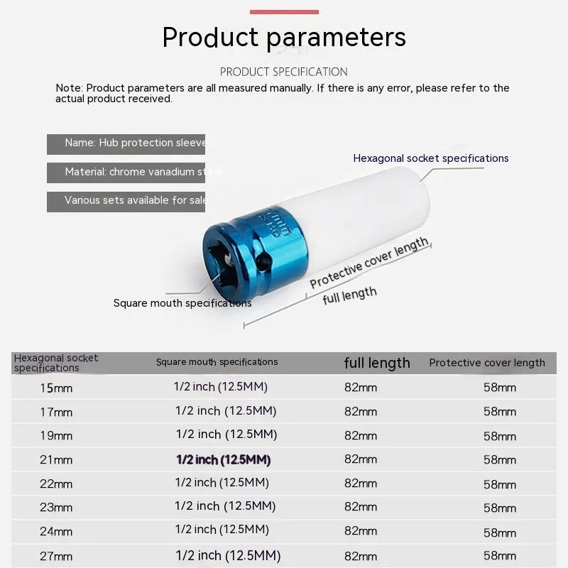 45# steel hexagon impact socket wrench for pneumatic tools in 17mm, 19mm, 21mm, or 22mm size.