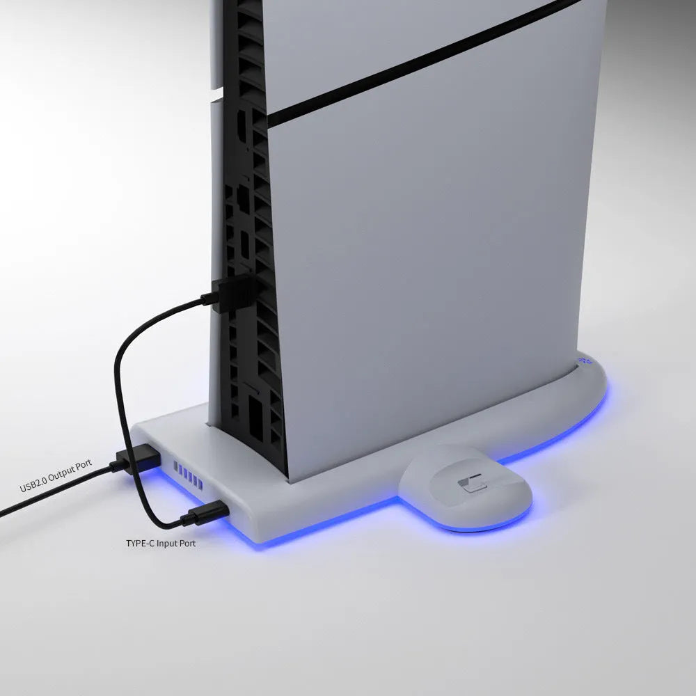 White PS5 Slim multifunctional cooling pad with RGB lighting and controller charging dock