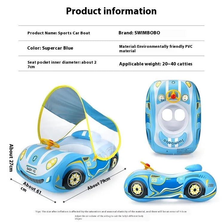 Pink inflatable children's swimming ring with a steering wheel and cartoon sports car boats pattern.
