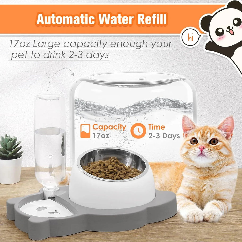 Grey and green panda-shaped elevated pet feeder with tilted stainless steel bowl and automatic water bottle.