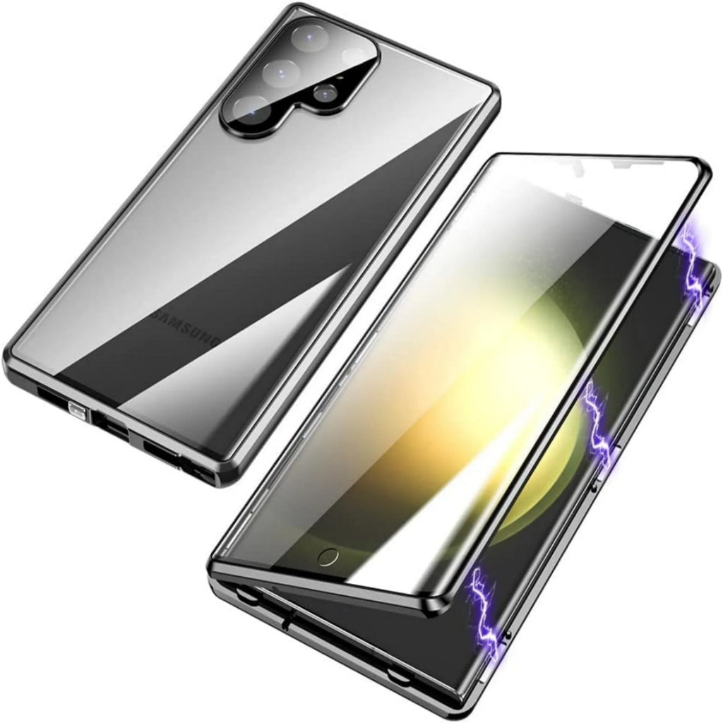 Glossy metal magnetic peep-proof phone case for Samsung with aluminium alloy glass construction and drop resistance