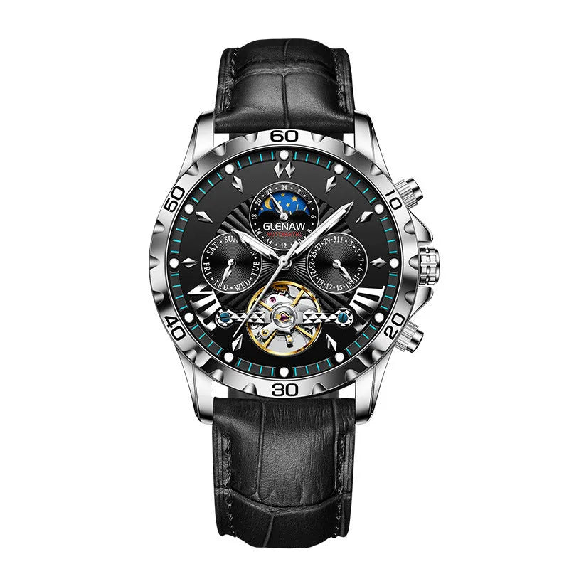 Men's automatic mechanical watch with hollowed-out dial, silver case, green circle, and black leather strap