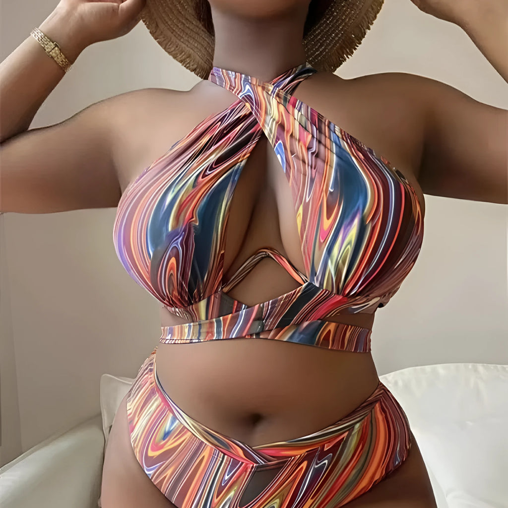 Women's high waist floral print bikini swimsuit in plus sizes for swimming