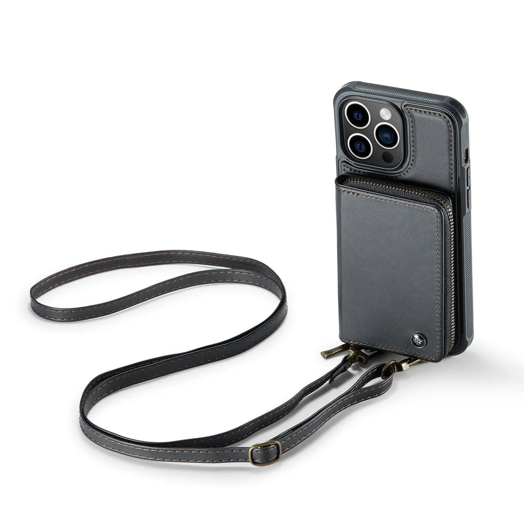 Wallet phone case with card holder for iPhone in black, showing bracket stand and card slots