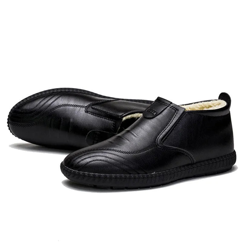 Men's winter warm casual leather shoes, high-top cotton style 1106, solid colour, front lace-up, flat heel