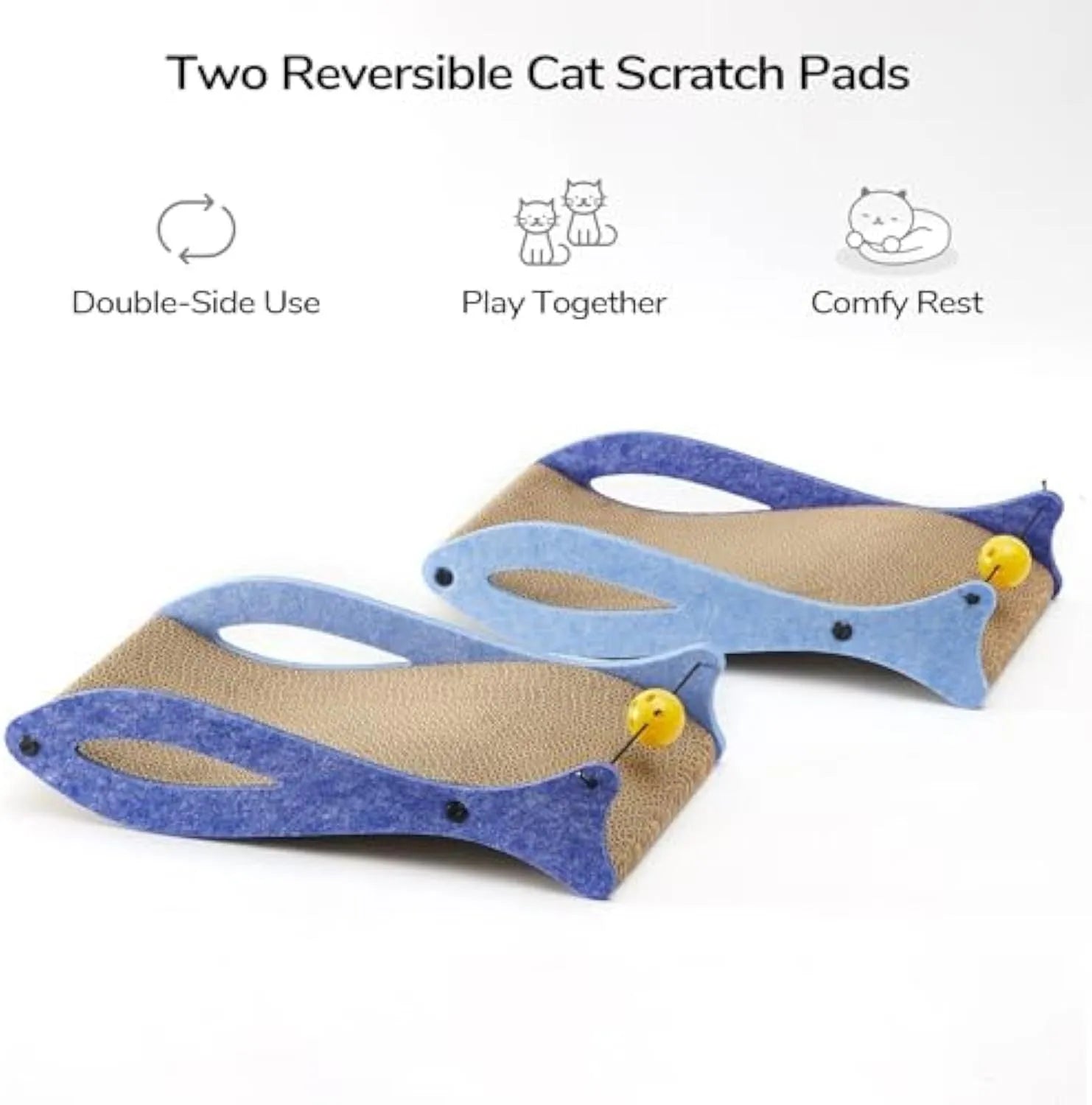 Blue fish-shaped cardboard cat scratcher with attached bell toys on an elastic cord.
