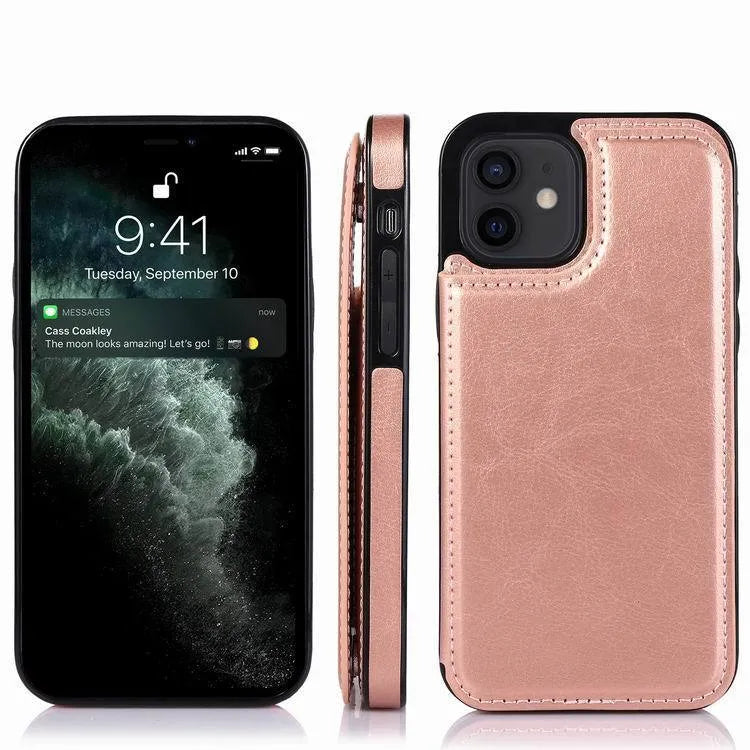 Crazy Horse pattern leather iPhone 13 phone case with double buckle bracket holster in multiple colour options
