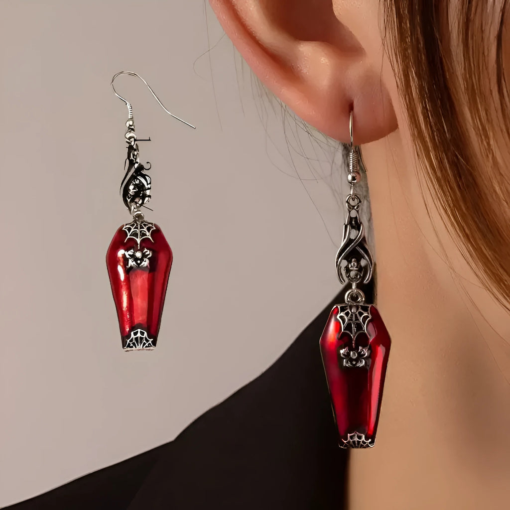 Red alloy Halloween earrings with bat and spider geometric drop design