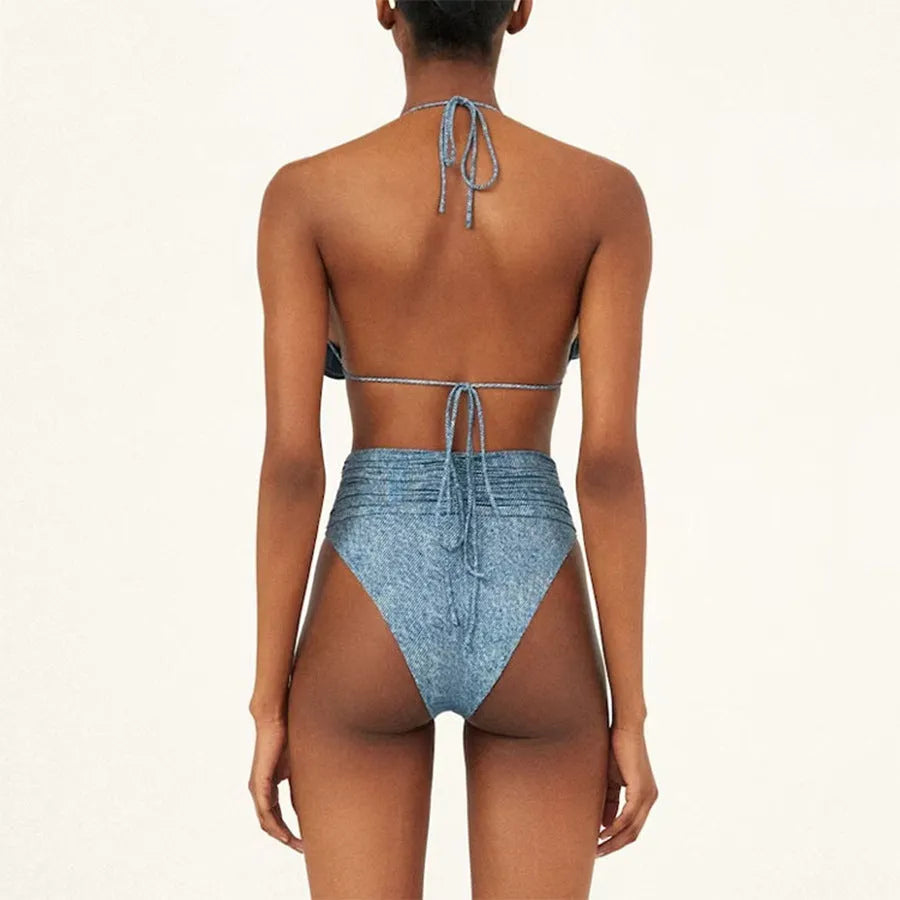 Women's one-shoulder hollow soft Cowboy Siamese one-piece swimsuit on a model