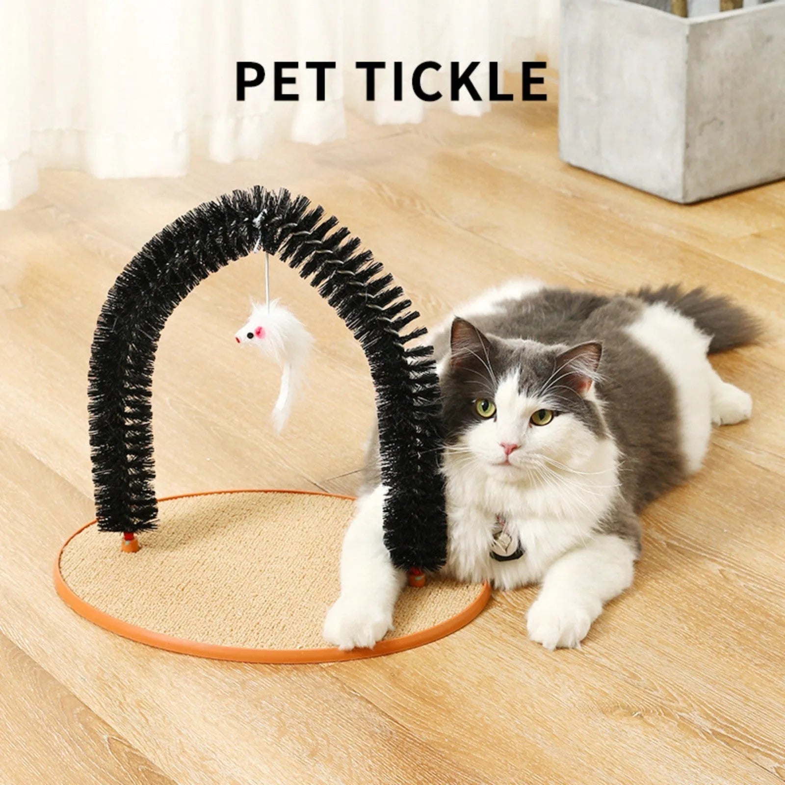 Black arch-shaped cat scratching post with brush, attached plush mouse toy, and non-slip base.