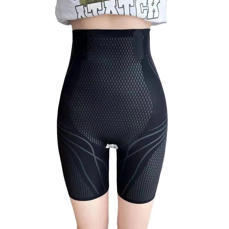 Women's liquid seamless high waisted nylon tight pants in black, with hip lifting and belly control function