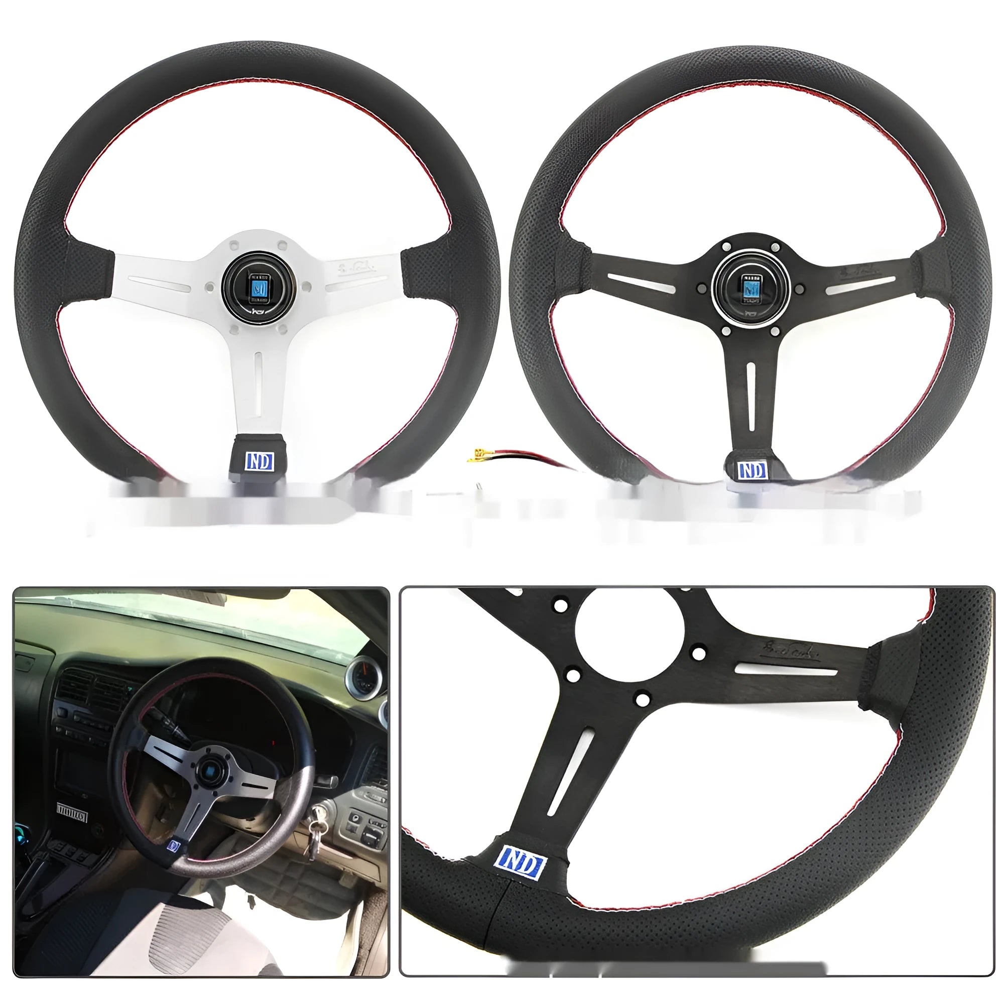 Black leather 14-inch steering wheel with deep middle concave grip and silver three-spoke skeleton.