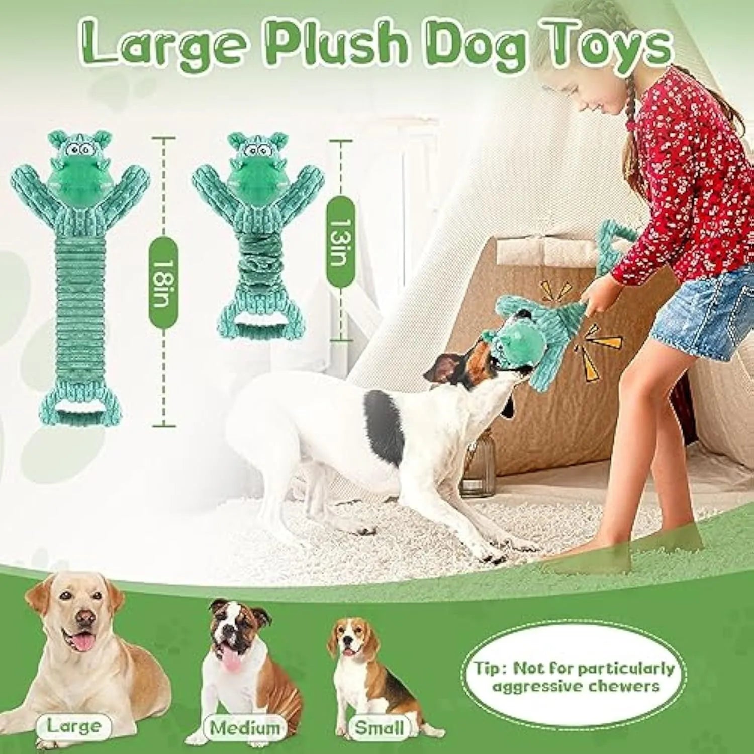 Large plush dog toy with a handle, showing telescopic design, in bright colours for interactive squeaky and crinkle play.