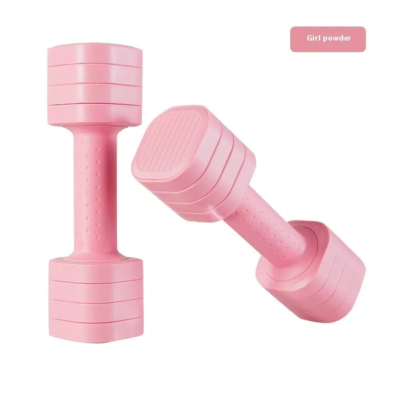 A set of pink detachable plastic dumbbells for women's fitness on a grey background.
