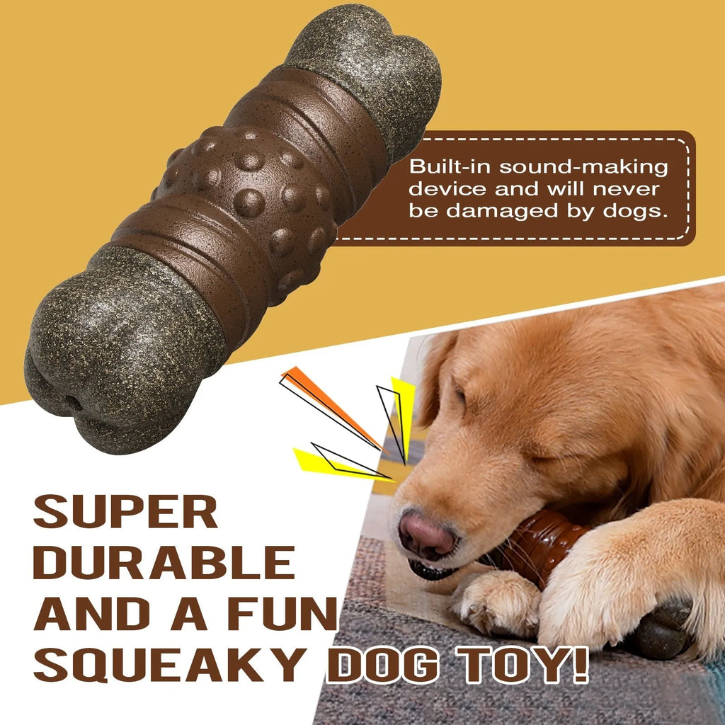 Brown plastic bone-shaped dog chew toy with textured surface for dental cleaning.