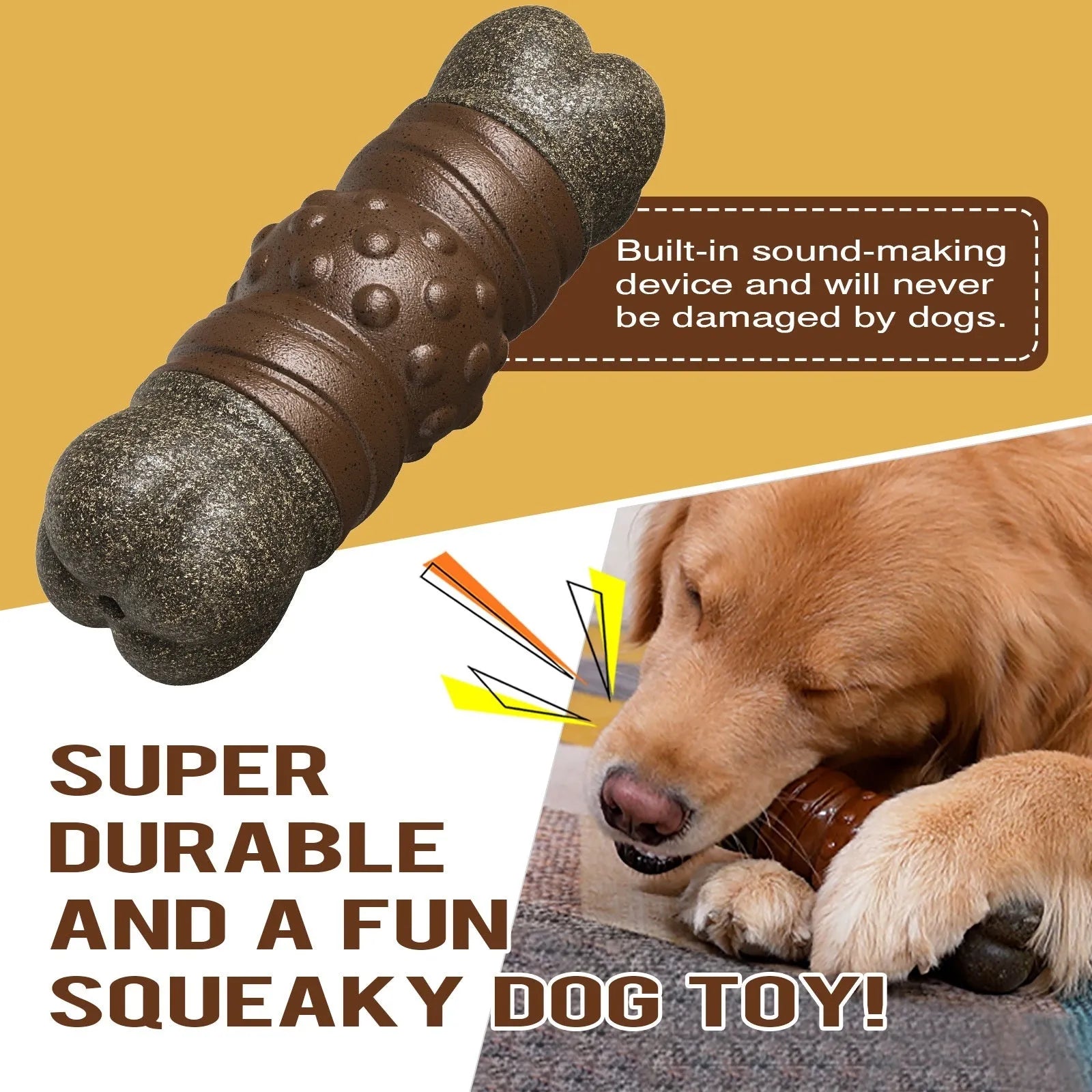 Brown plastic bone-shaped dog chew toy with textured surface for dental cleaning.