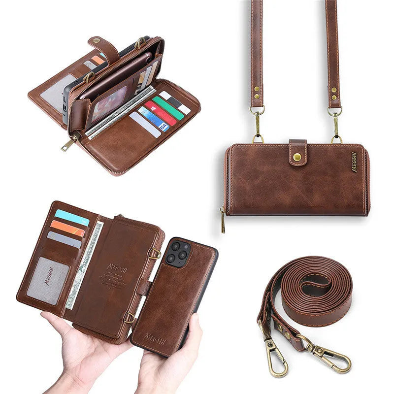 Detachable leather wallet phone case in black, shown fitted on an iPhone 12 Pro Max.