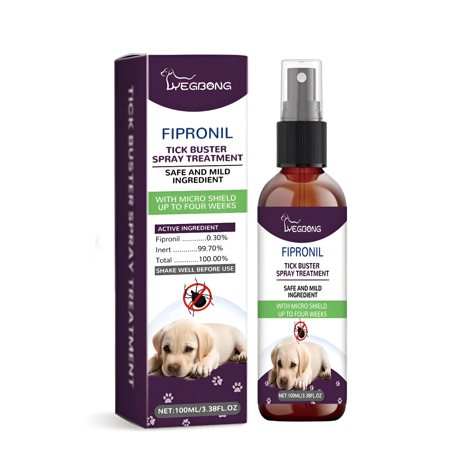 100ml bottle of mild ingredient pet pest spray with Fipronil for dogs and cats.