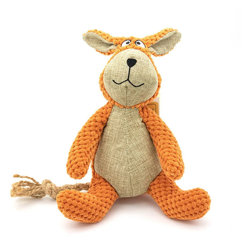 Plush squeaky dog toy in animal shape for chewing and teeth cleaning