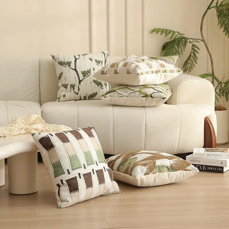 45cm square jacquard woven cushion cover with embroidered floral pattern in retro Nordic style