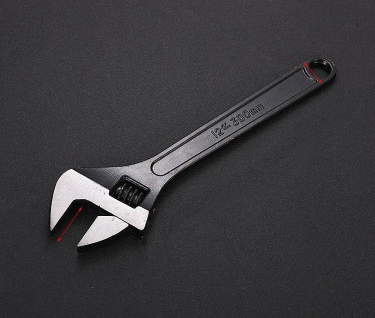 Blackened high carbon steel adjustable open-end wrench spanner showing ergonomic handle