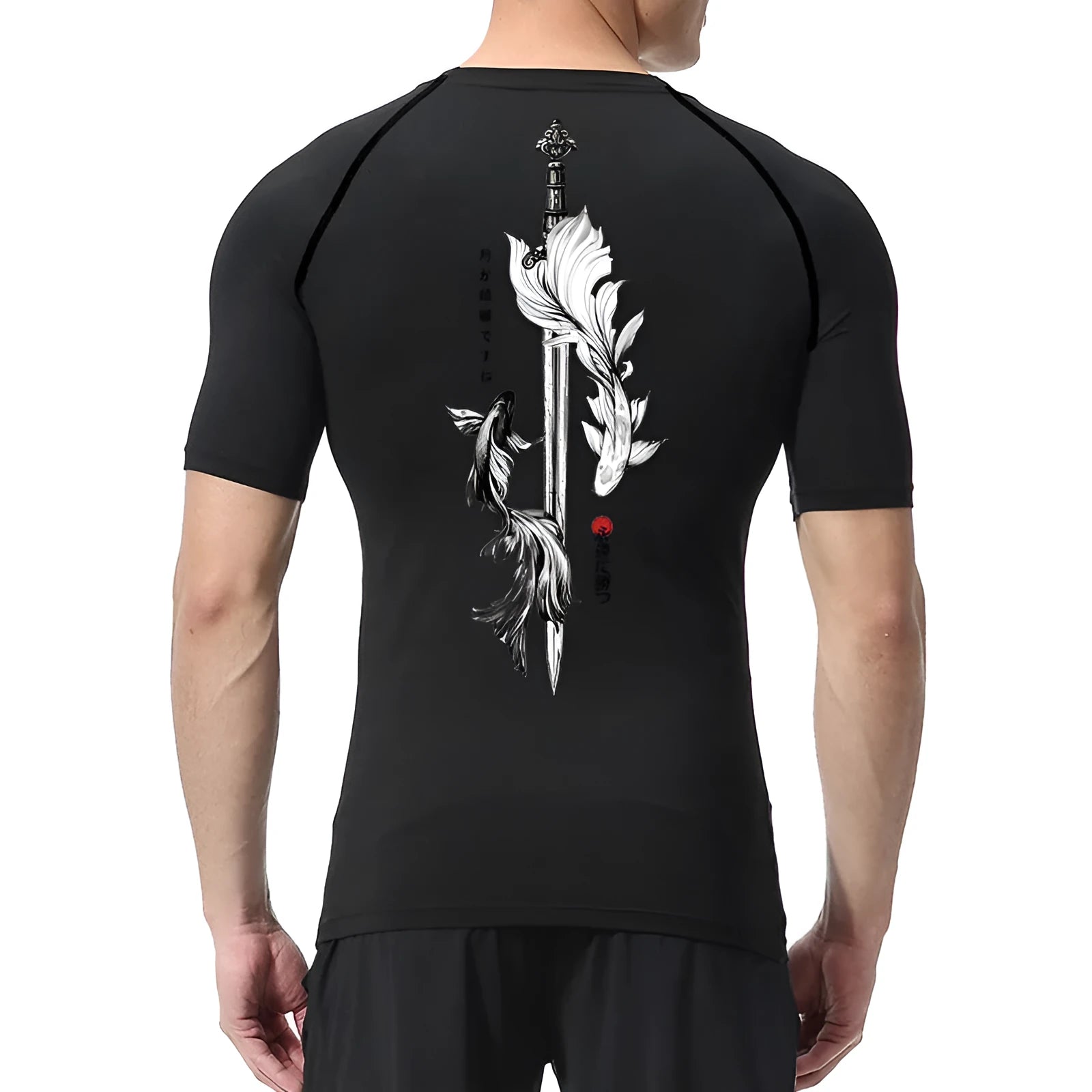 Men's short sleeve compression shirt with sword print pattern in loose pullover style