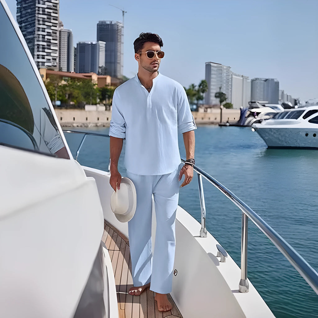 Men's cotton casual suit with long sleeves and trousers in solid colours for spring and autumn leisure wear