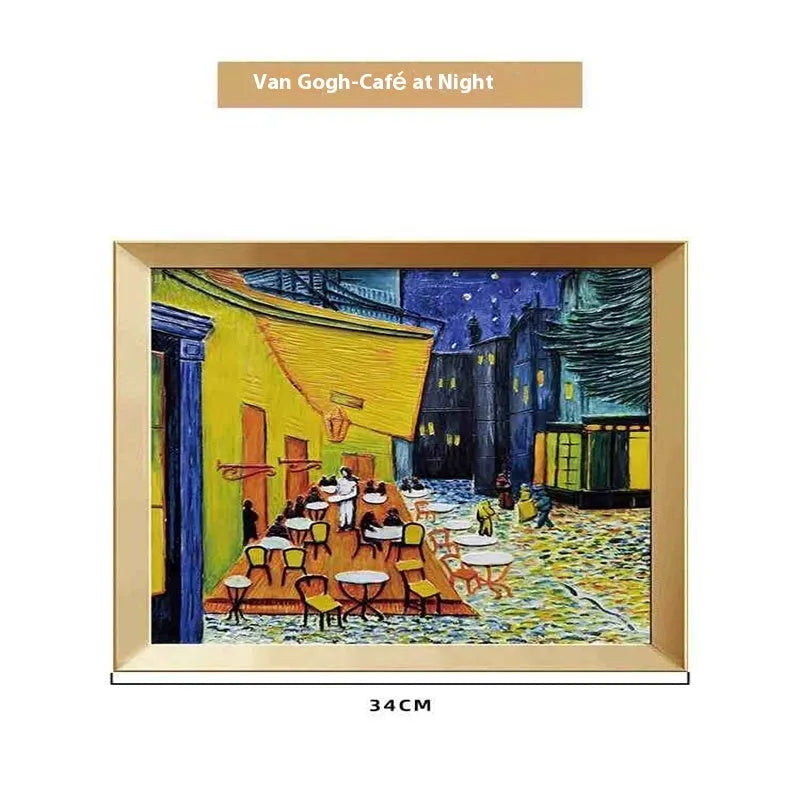 DIY hand drawn oil painting kit showing epoxy pottery base, propylene paints, brushes, and a completed framed Van Gogh 'Starry Night' example.