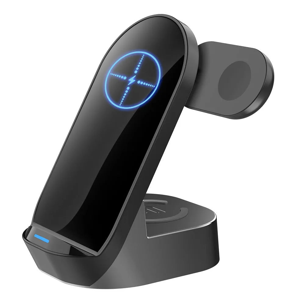 Black grey foldable 3-in-1 wireless charger stand with phone, smartwatch, and earbuds case charging vertically