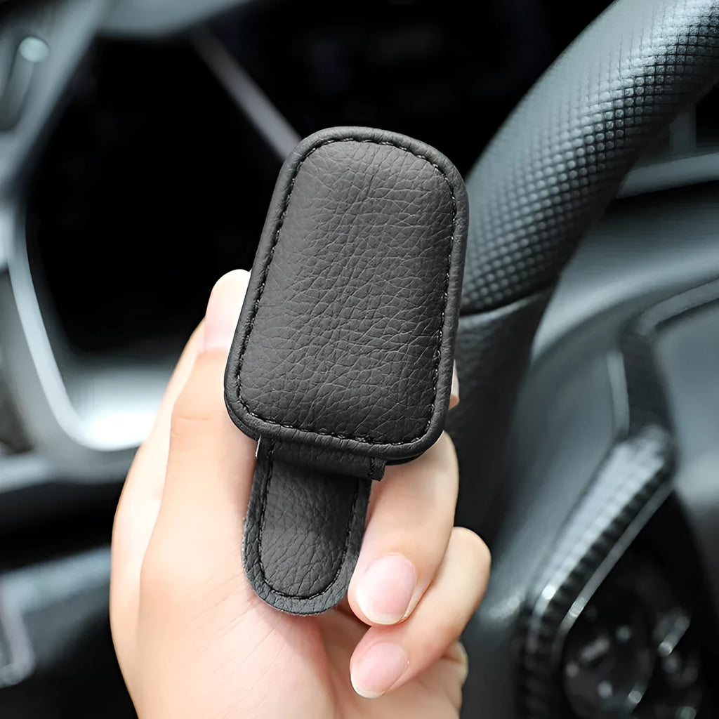 Car sunglasses holder with clip for sun visor mounting in PU leather