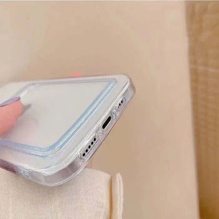 Clear transparent PVC iPhone case with a card slot on the back, shown fitting an iPhone model.