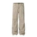 Men's brown loose-fit straight leg trousers with a high waist and wide-leg style on a hanger.