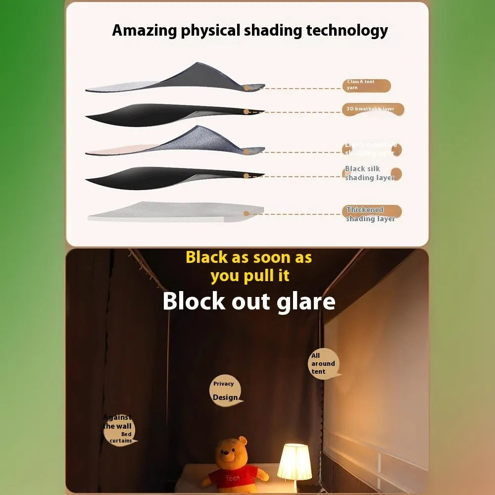 Grey bed curtain with integrated mosquito net for 0.9m single bed showing light blocking design