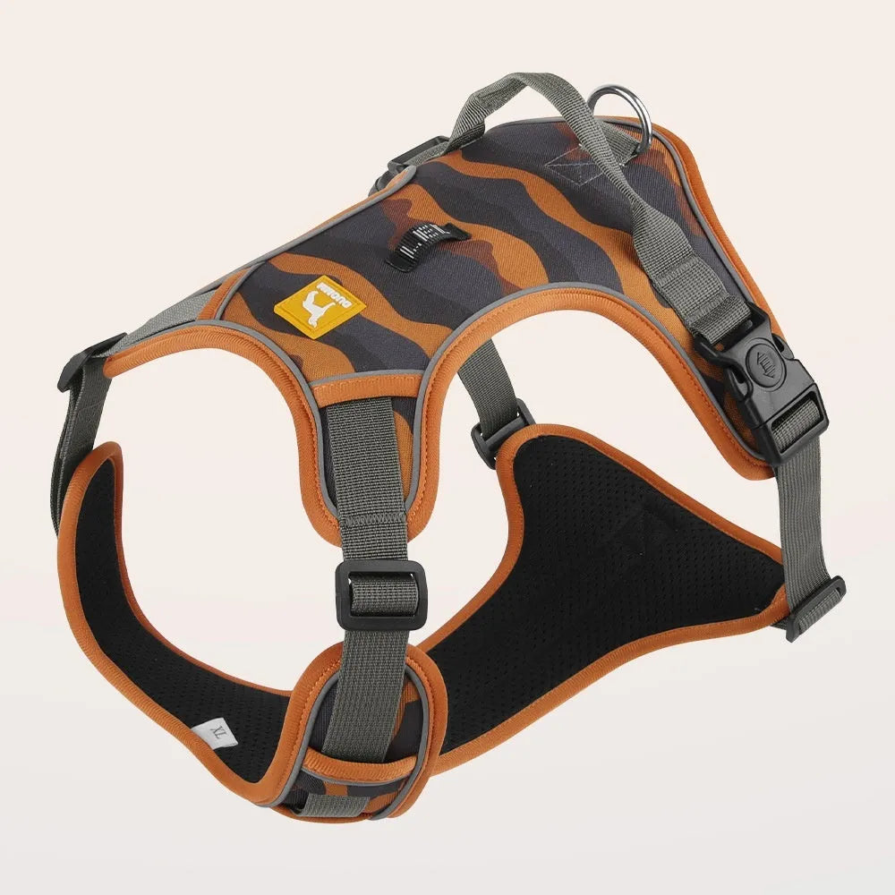 Orange oxford cloth dog harness with reflective strips and an attached hand-holding rope.